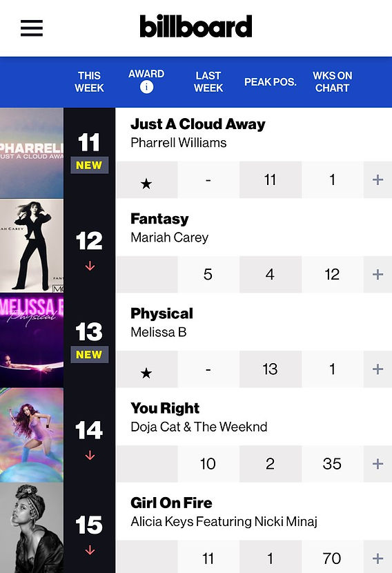 Preserved Billboard chart screenshot showing Physical by Melissa B at No. 13, marked NEW, with a peak of 13 and one week on the chart